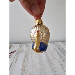 Vintage peacock glass ornament West Germany Blue Gold Xmas tree mini‎